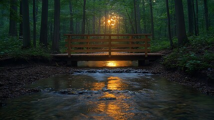 Wooden Bridge Spanning Forest Stream at Sunset