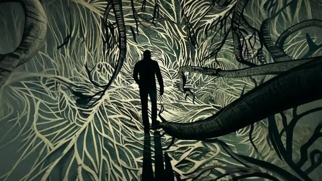 A lone figure navigates a labyrinth of intertwining roots, symbolizing a journey through complexity and self-discovery.