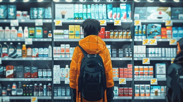 Person with backpack shopping in store aisle.