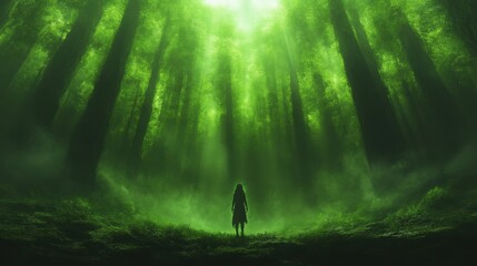 Woman standing in mystical green forest.