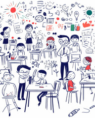 Sketchy classroom, teacher, students learning, ideas brainstorming, education illustration.