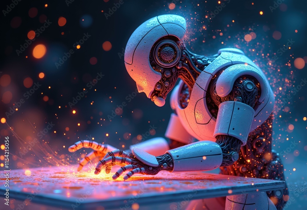 Poster a robotic figure working on a surface sparks flying.
