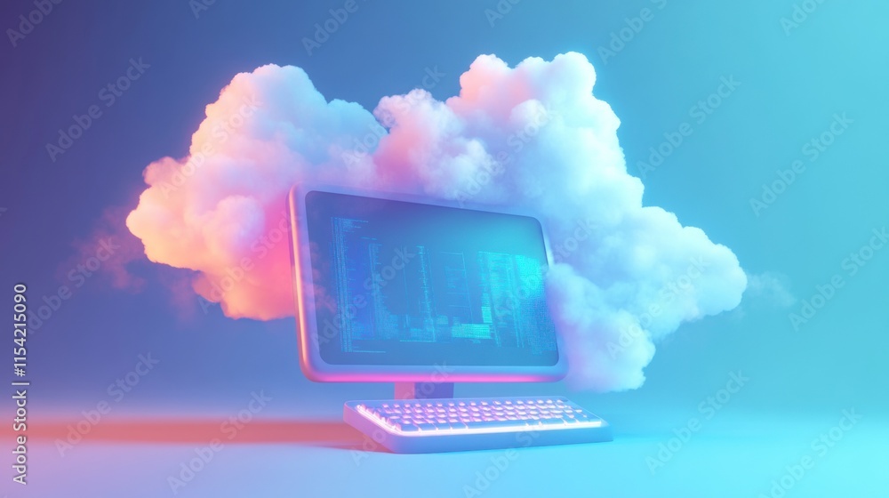Poster cloud computing concept; desktop computer with cloud.