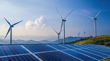 Harnessing renewable energy wind turbines and solar panels mountain range nature daylight sustainable future