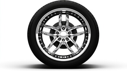 Obraz premium Sleek Chrome Alloy Wheel with Black Tire Isolated on White Background