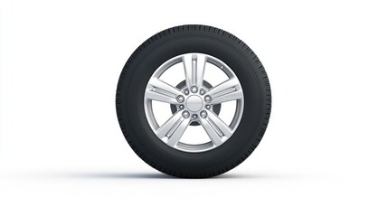 Obraz premium Single Car Wheel with Silver Rim on a White Background
