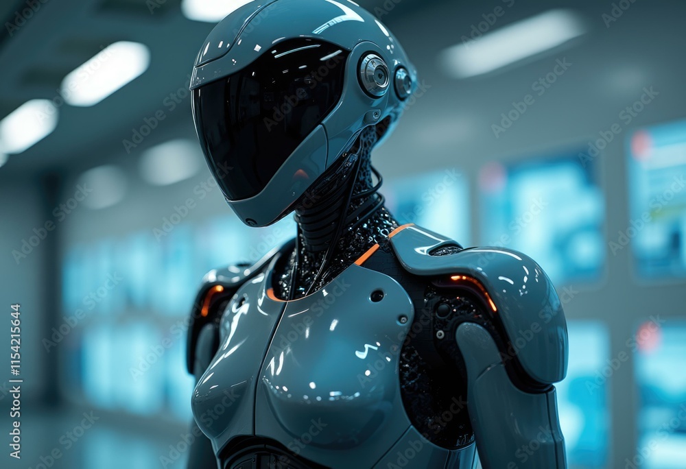 Poster A futuristic robot with a sleek  gray design  standing in a sterile environment.
