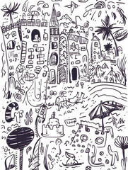 Whimsical Beach Town Doodle Illustration, Summer Vacation, Seaside Fun, Background Design, Children's Book.