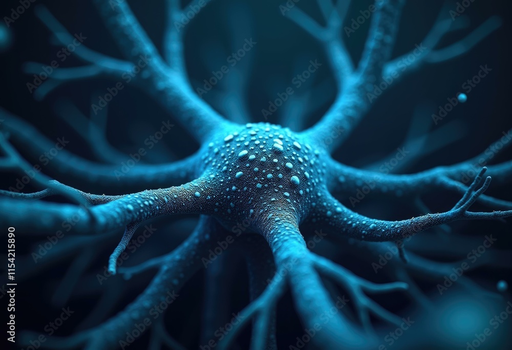 Poster a close up of a neuron with its intricate branches and a central body.