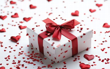 A neatly wrapped gift box tied with a red ribbon and surrounded by heart-shaped confetti on a bright white background for valentines day