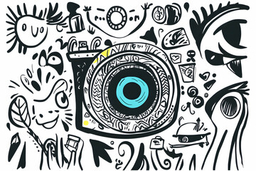 Whimsical camera doodle art, travel background, graphic design element.