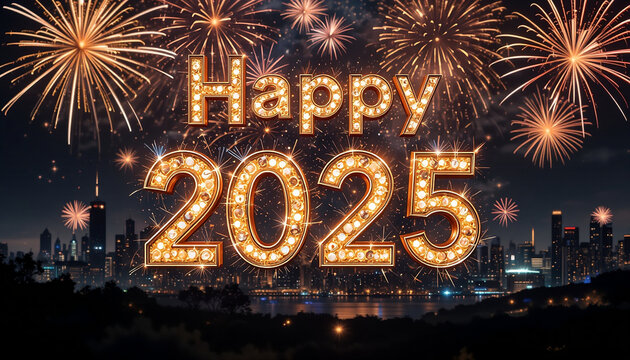 Typography:

Bold, stylish fonts for "Happy New Year 2025" positioned prominently, possibly integrated into the fireworks or skyline.
