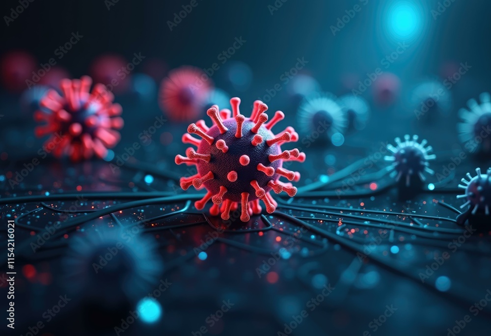 Aufkleber A close up 3D rendering of a virus particle on a dark  abstract background.