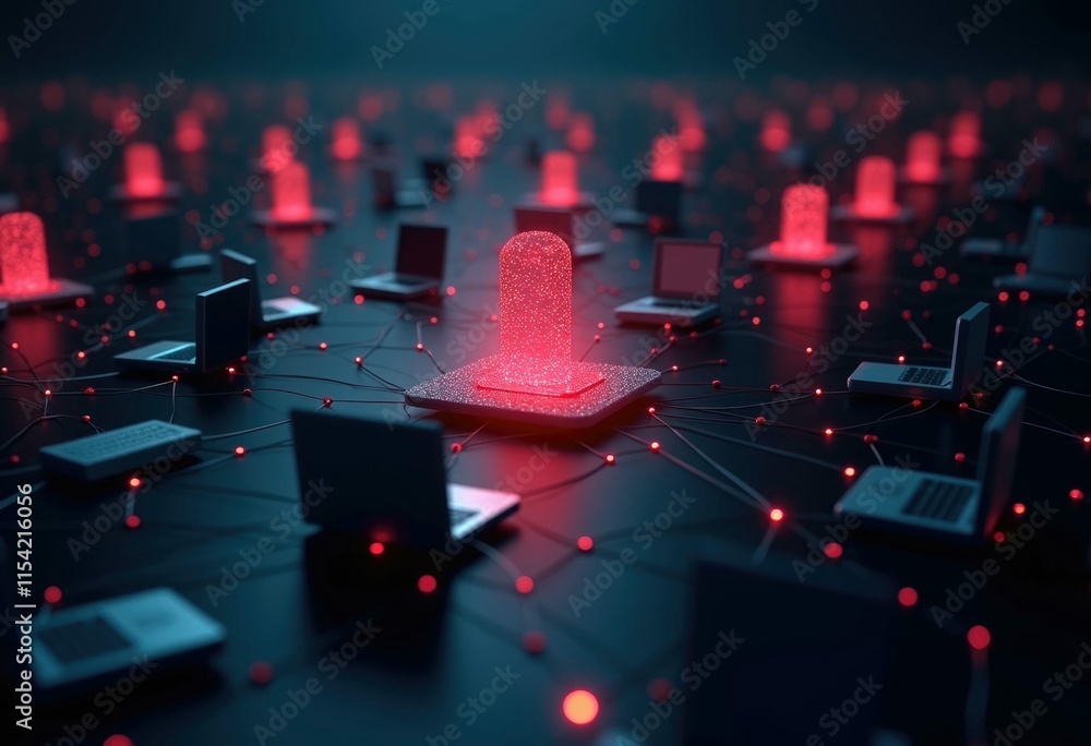 Fototapete a glowing server connected to multiple laptops representing a network