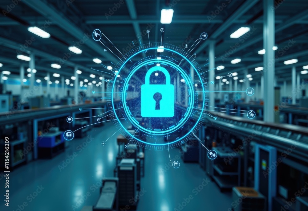 Poster A digital lock icon in a factory setting  representing data security.