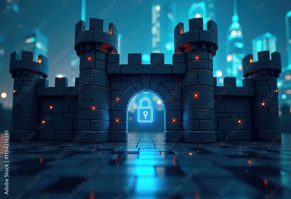Poster a futuristic castle with a glowing padlock in the entrance symbolizing digital security.