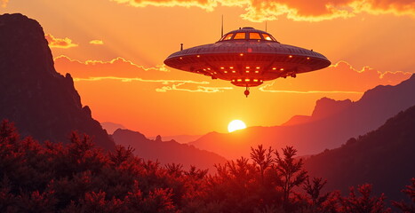 Flying saucer above mountain landscape at sunset