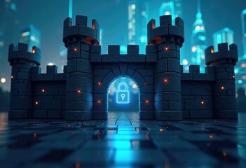 A futuristic castle with a glowing padlock in the entrance  symbolizing digital security.