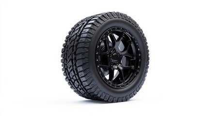 Black Off-Road Tire with Aggressive Tread Design on White Background