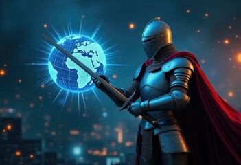 Naklejka premium A knight in full armor wielding a sword with a glowing globe in the background.