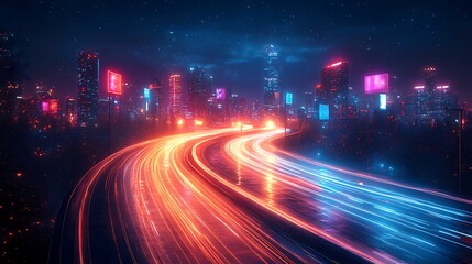 Futuristic cityscape at night with vibrant light trails on a highway.