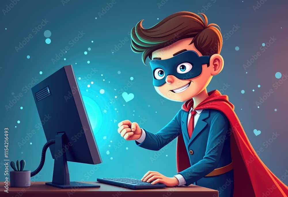 Poster a cartoon superhero in a suit uses a computer with a glowing screen.