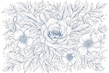 Obraz premium Elegant Hand-Drawn Floral Illustration with Roses and Leaves