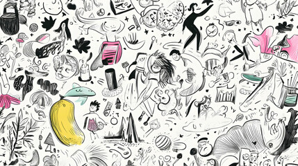 Fototapeta premium Whimsical Doodle Background Diverse Characters, Objects, and Nature Scenes.