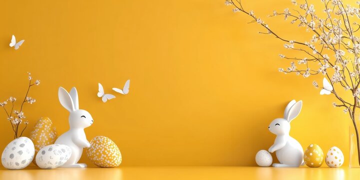 Delightful and Charming Easter Scene Featuring Adorable White Rabbits Surrounded by a Variety of Colorful Eggs, All Set Against a Bright and Cheerful Yellow Background, Creating a Joyful Atmosphere