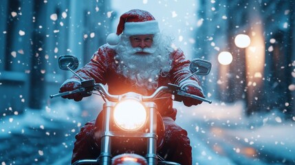 Santa Claus rides a motorcycle through a snowy street, embodying a festive yet adventurous holiday spirit.