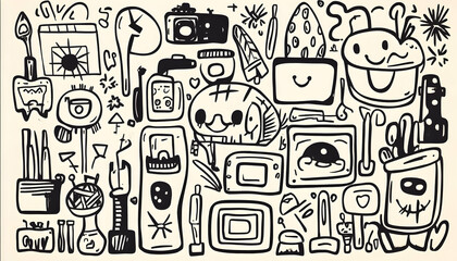 Fototapeta premium Whimsical doodle kitchen appliances background illustration for website design.