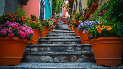 Colorful Flower Pots Line Stone Steps Up Charming Alleyway