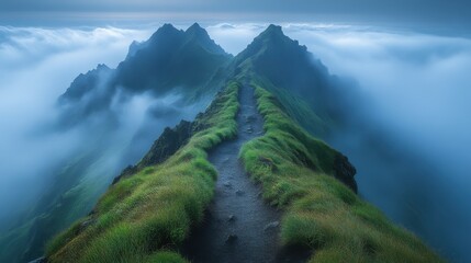 Misty mountain peak trail.