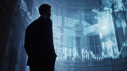 Business Leader Holding a Digital Projection of a Financial Chart, Illustrating Increased Interest Rates, Dividend Gains, and Growth in the Banking Sector