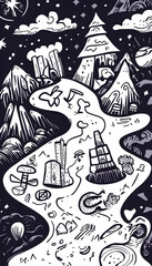 Whimsical hand-drawn map adventure landscape, fantasy background, graphic design element.