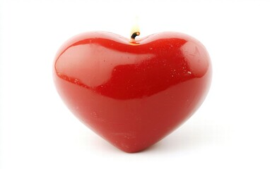 A single red heart-shaped candle glowing brightly, isolated on a clean white background