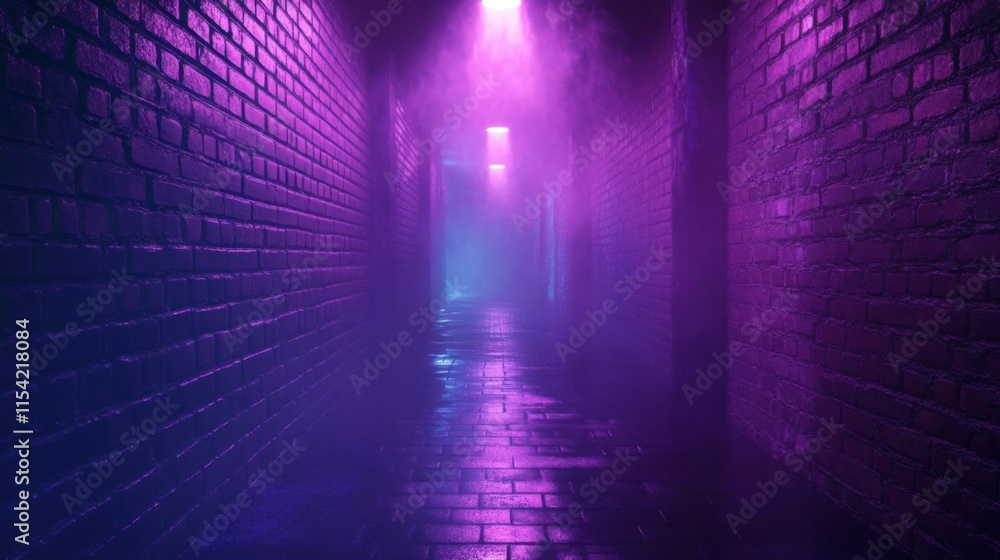 Poster background of an empty corridor with brick walls and neon light. brick walls, neon rays and glow. ul