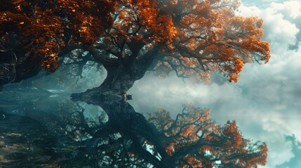Majestic autumn tree reflected in still water, mystical fog.