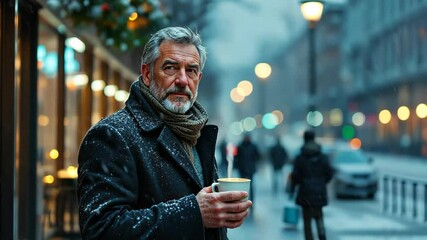 Senior man with coffee cup standing on snowy winter street in city. Urban lifestyle at dusk. Evening downtown scene with bokeh lights and walking people with copy space - Powered by Adobe