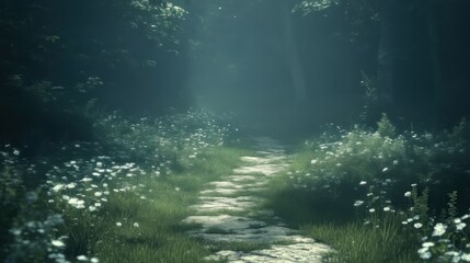 Mystical forest path with white flowers.