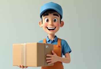 A smiling cartoon delivery man holds a package.