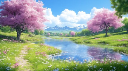 Idyllic spring landscape with cherry blossoms, river, and mountains.