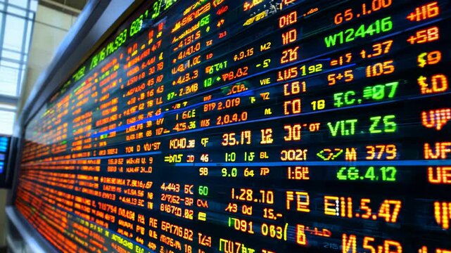 A stock market ticker tape scrolling across a digital screen, with vibrant colors and numbers changing rapidly, symbolizing market activity