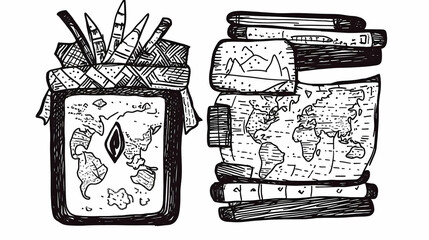 World map jar, books, pencils, travel planning, adventure background, educational resource.