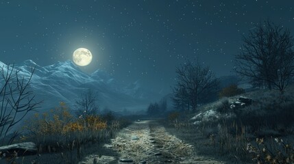 Moonlit path through a snowy mountain landscape at night.