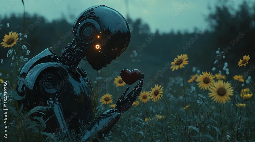 Poster a dark humanoid robot delicately cradles a heart in a moody, twilight scene surrounded by sunflowers