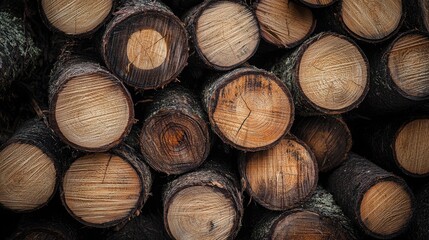 Fototapeta premium Logging activity with cut tree stumps forest location wood stack image natural environment close-up view rustic concept
