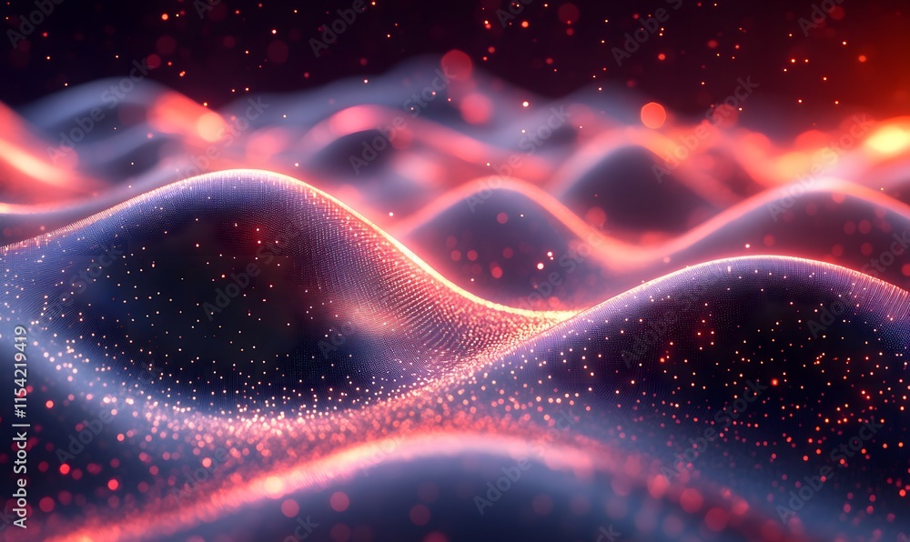 Poster digital wave with particles, showcasing depth and dimension with a high-tech