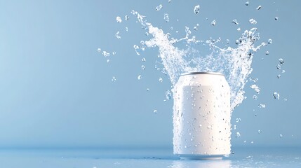 Refreshing White Aluminum Can with Splashing Water