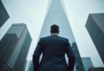 Fototapeta premium A businessman in a suit stands in front of a tall skyscraper in the city.